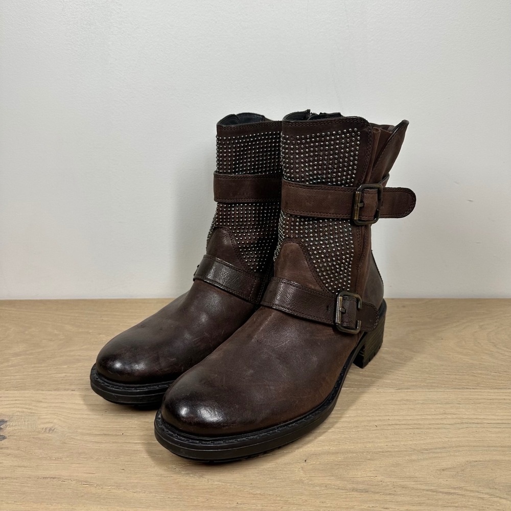 Paul Green Boots Womens 6 Brown Leather Mid Calf Studded Buckle Moto Biker Boots